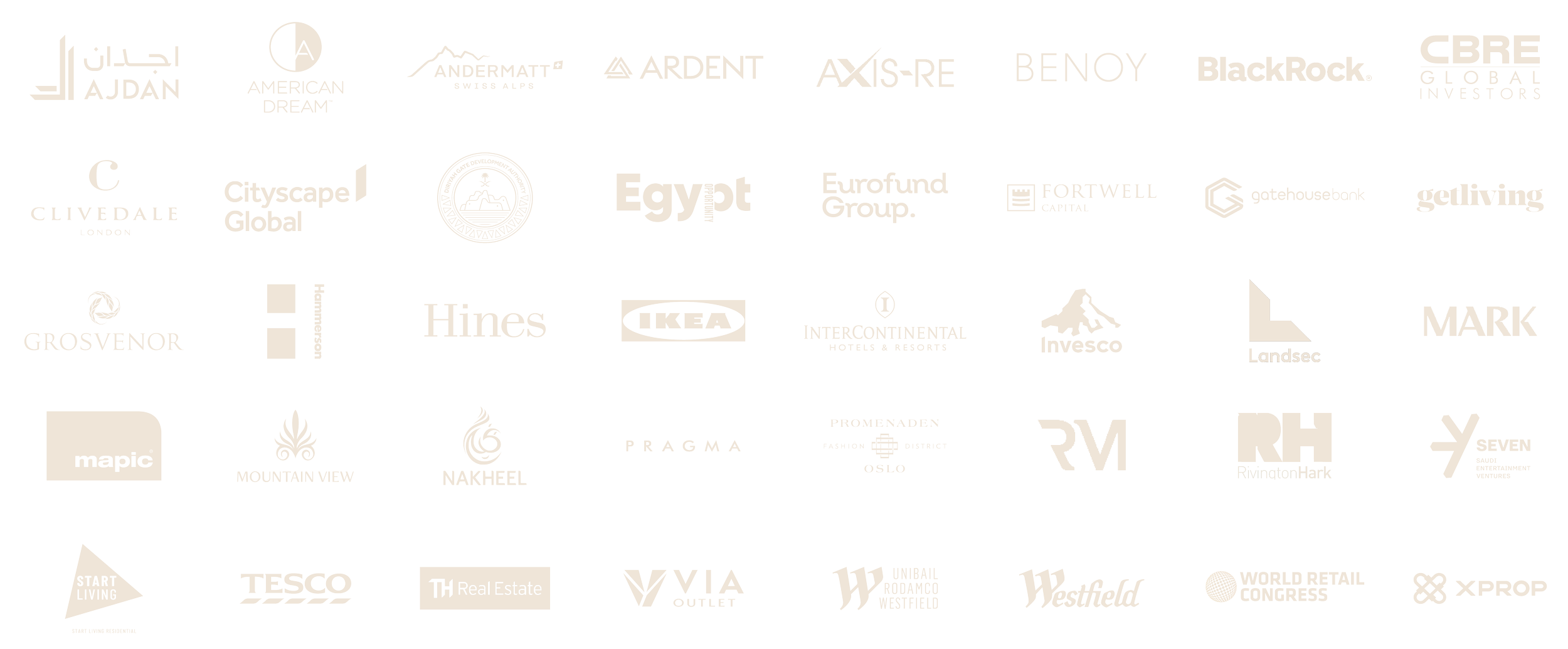 A selection of Innesco's clients including Ajdan, Ardent, BlackRock, CBRE Global Investors, Cityscape Global, Diriyah Gate Development Authority, Egypt Opportunity, Eurofund Group, Grosvenor, Hammerson, Hines, IKEA, InterContinental Hotels & Resorts, Invesco, Landsec, MAPIC, Nakheel, Tesco, Unibail Rodamco Westfield, Westfield and World Retail Congress.