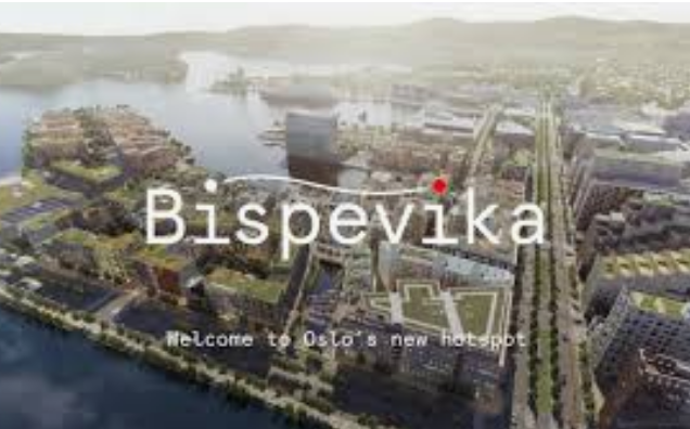 Aerial view of Bispevika in Oslo with the campaign line 'Welcome to Oslo's new hotspot'